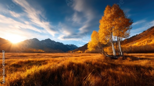A captivating autumn landscape featuring golden hues and vibrant yellow trees framing a majestic mountain backdrop, embodying the beauty of nature in transitional seasons.
