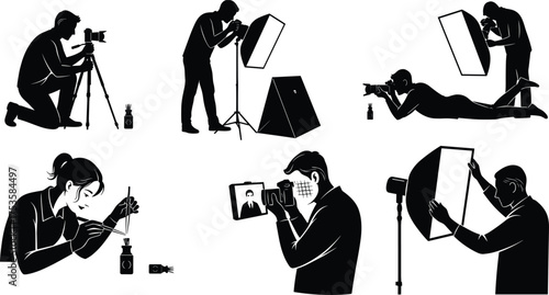 Photography silhouettes, studio setup, tripod camera, softbox lighting, macro shot, product inspection, tablet review, professional gear, black and white