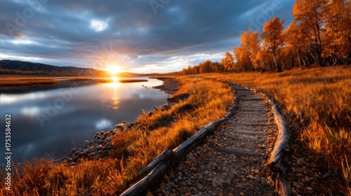 A picturesque autumn walkway by the river, where vibrant orange and yellow trees create a stunning backdrop, inviting exploration into nature's beauty.