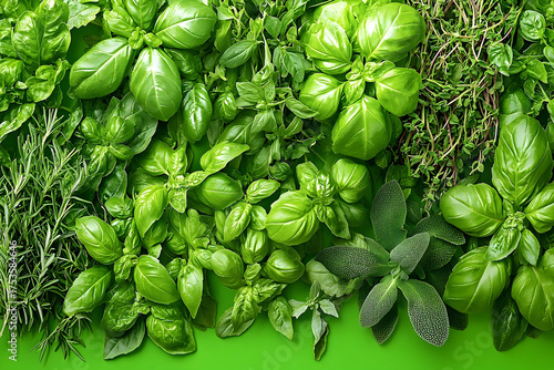 Vibrant green fresh herbs background culinary food photography