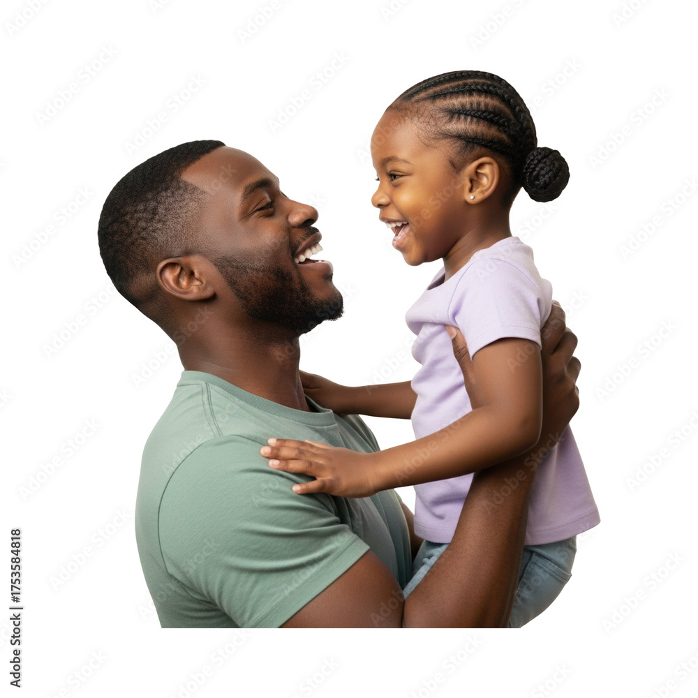 Obraz premium Joyful African-American dad holding his laughing daughter, sharing a special bond and creating beautiful memories together with love and happiness on transparent background