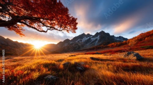 Immerse yourself in the warm glow of golden hour as it graces the vibrant autumn meadows, with majestic mountains standing proudly in the background, offering serenity.