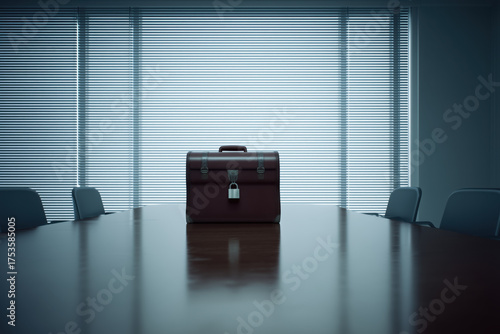 Padlocked Vintage Leather Briefcase Centered on Large Dark Table in Empty Corporate Boardroom