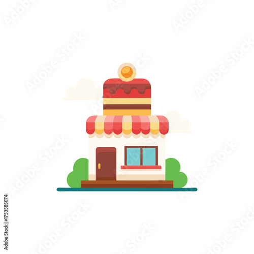 Cute vector cartoon bakery shop building with sweet cake on top