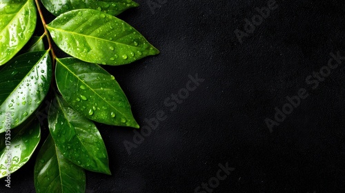 This image features vibrant green leaves scattered against a dark background, showcasing the beauty of nature and the freshness brought by recent rain, capturing tranquility.