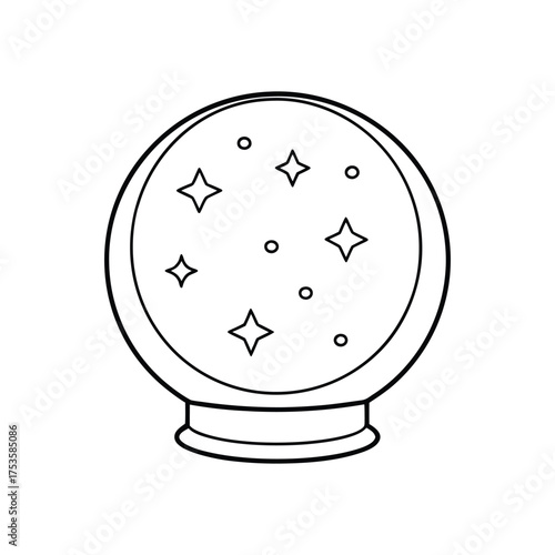 Crystal ball illustration, a simple drawing of a fortune tellers sphere with stars and dots inside, in a minimalist style