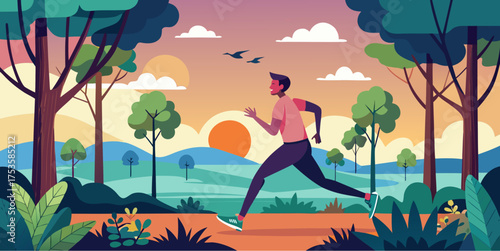 Man running in nature at sunset through scenic forest with hills and colorful sky