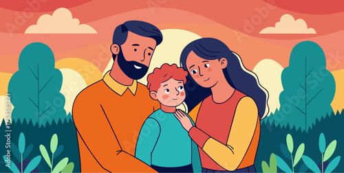 Loving family hugging child in nature during sunset with warm emotional atmosphere