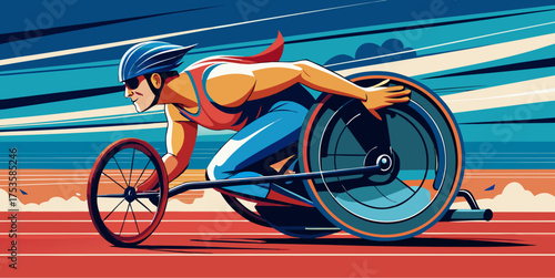 Paralympic athlete racing on wheelchair on track in dynamic colorful illustration