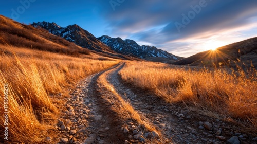 A winding path through golden grass leads to majestic mountains under a vibrant evening sky, capturing the peaceful essence of nature in its untouched beauty.