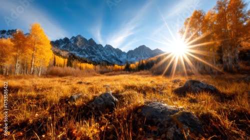A stunning autumn meadow bathed in golden sunlight, framed by majestic mountains in the background, showcasing the vibrant colors of fall and the vastness of nature.