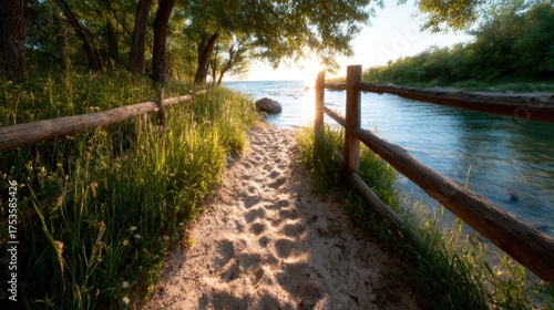 A serene pathway winding through lush greenery, leading to a calm lakeside, illuminated by soft sunlight, encapsulating the essence of peaceful exploration in nature.