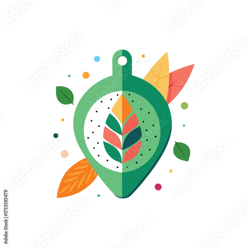 Eco friendly location pin with leaf symbol and colorful foliage