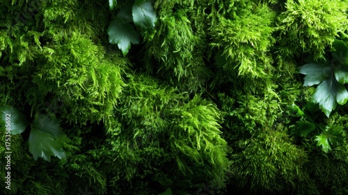 A dense arrangement of lush green moss and vibrant leaves forms a rich textural background, evoking feelings of nature's serenity and its innate beauty.