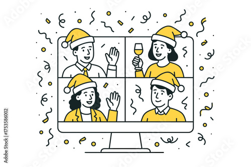 Virtual holiday party celebration with friends in festive attire on video call