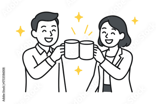 Smiling people toasting with mugs in linear style