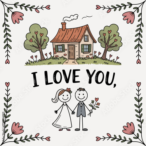 Eternal Bond: A charming illustration of a couple stands hand-in-hand, embodying the beauty of love and commitment in a rustic landscape.