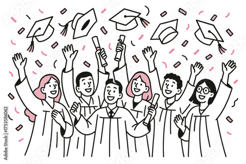 Celebrating graduation: cheerful group of graduates with caps and diplomas