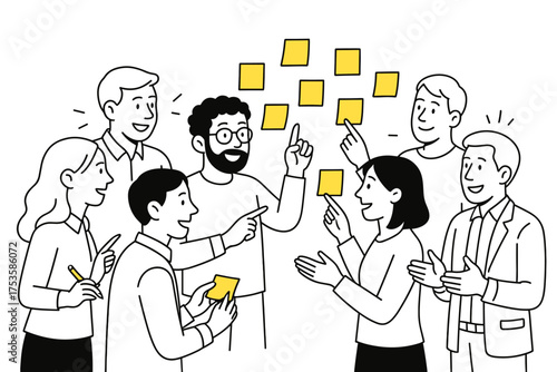 Team collaboration with sticky notes in office meeting concept