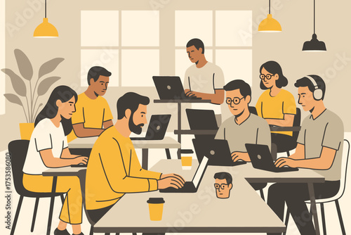 Collaborative team working in modern office with laptops and coffee