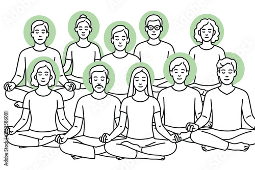 Group meditation: diverse people practicing mindfulness in linear style