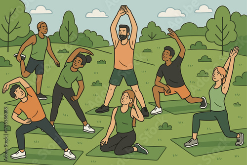 Group exercise class in a park with diverse participants doing stretching exercises