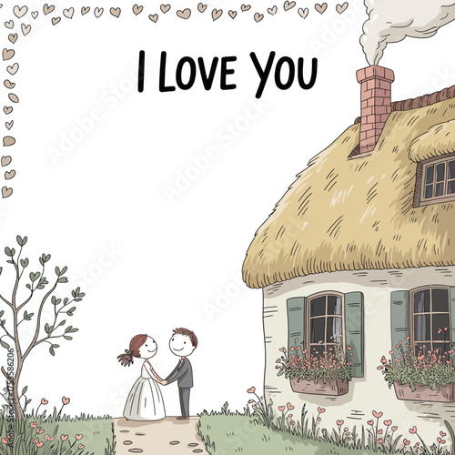 Heartfelt Affection: A tender couple standing hand-in-hand in front of a charming cottage under the words I Love You creating a feeling of warmth and romance