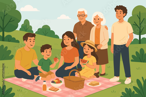 Family picnic in nature with kids and grandparents
