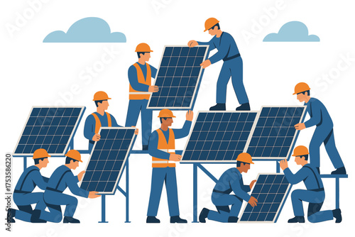 Teamwork in solar energy: workers installing solar panels under clear sky