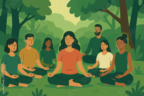 Group meditation in nature: peaceful gathering in lush green forest setting