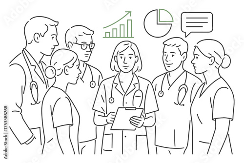 Healthcare team meeting analyzing data with charts and graphs in a line art style