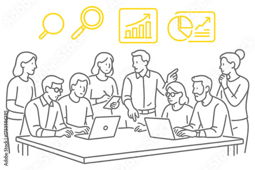 Linear team collaboration concept with business presentation and analysis icons