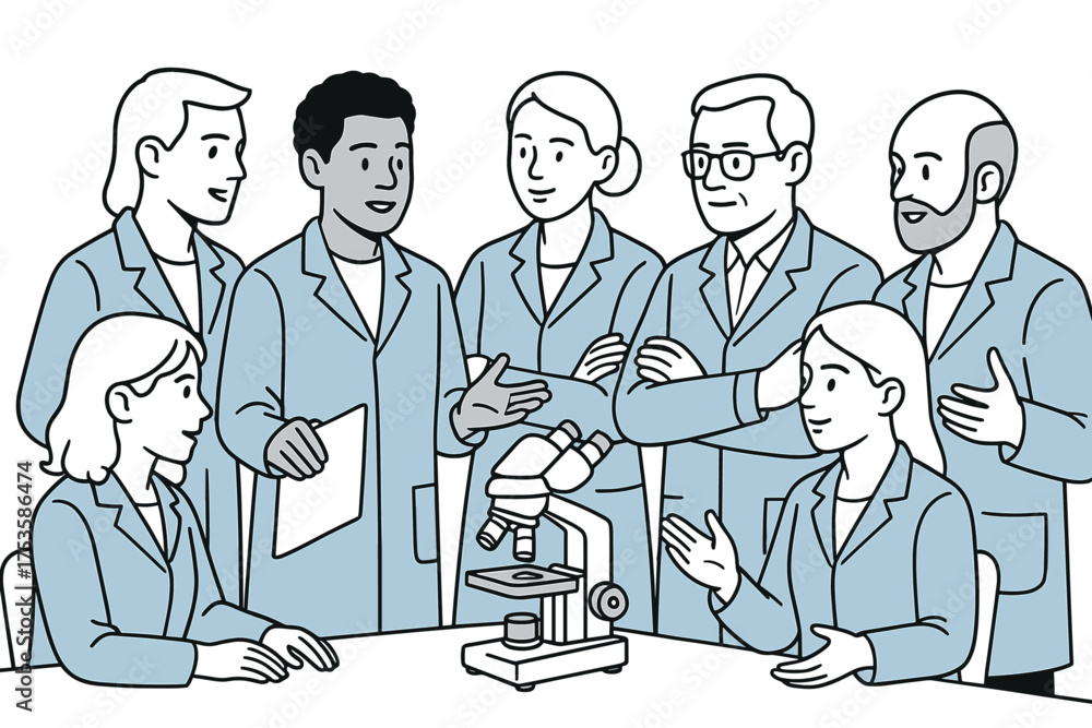 Fototapeta premium Team of scientists engaging in discussion around microscope in laboratory setting