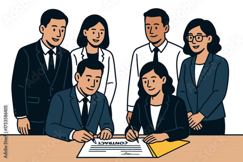Business team signing important contract in office setting