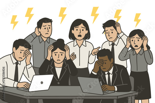 Overwhelmed office workers in flat style dealing with stressful situations