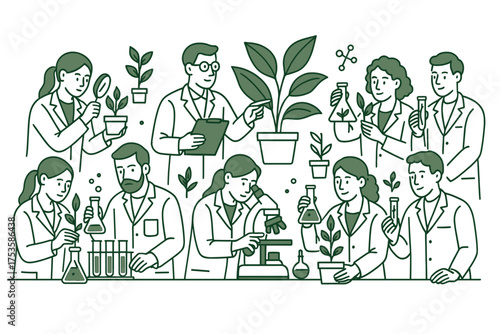 Scientists conducting plant experiments in laboratory setting with botanical elements
