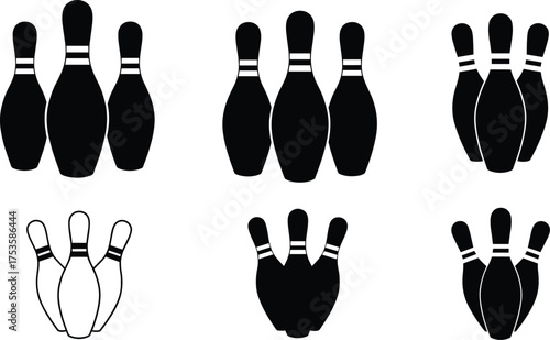 Bowling pin silhouettes, sport icons, strike formation, leisure game, black and white design, recreation activity, vector illustration, bowling graphic, competition emblem, bowling alley