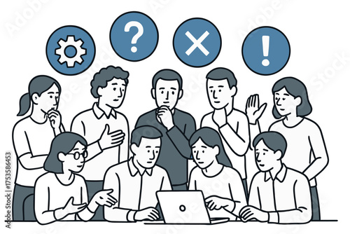 Team collaboration and problem solving with laptop in monochrome style