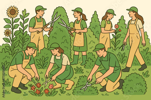 Gardeners tending to plants in a lush garden with tools and flowers