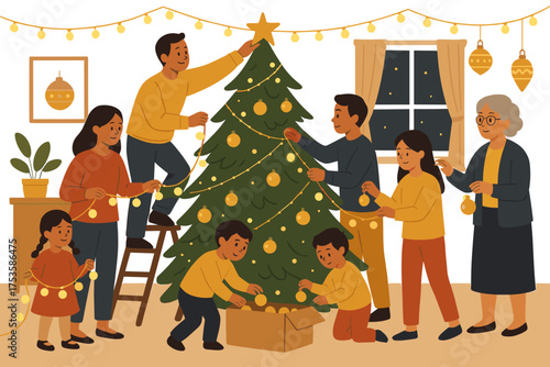 Family decorating christmas tree together with warm lights and joyful atmosphere