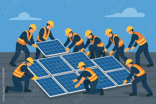 Team installing solar panels on roof with blue sky background