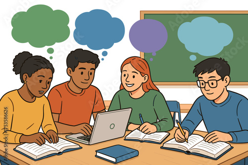 Diverse students collaborating with laptops and books in classroom discussion