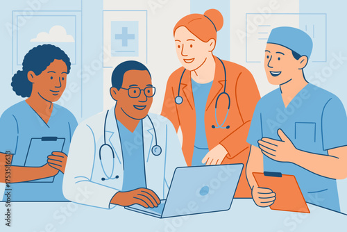 Healthcare team collaboration in modern clinic with diverse professionals engaged