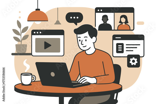 Remote work scene with online meetings and communication tools in flat design