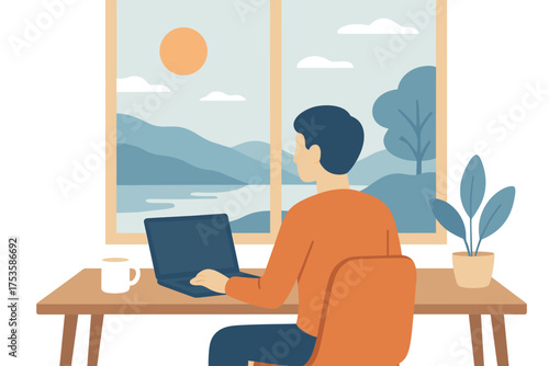 Relaxed home office: man working by scenic window view in minimalist style