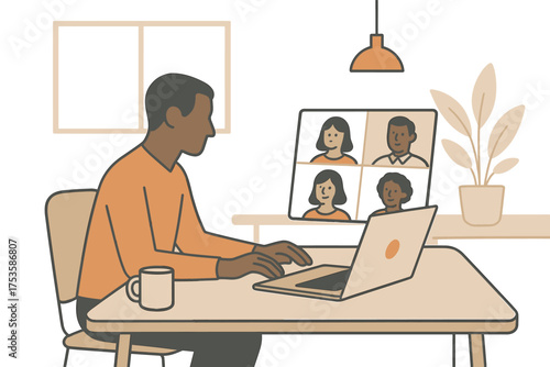Remote work routine with virtual meeting in modern home office