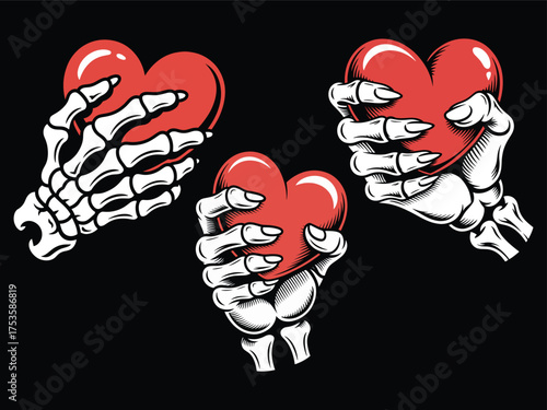 Set of three skeleton hands grasping vibrant red hearts. Macabre art collection t shirt design bony hands holding hearts