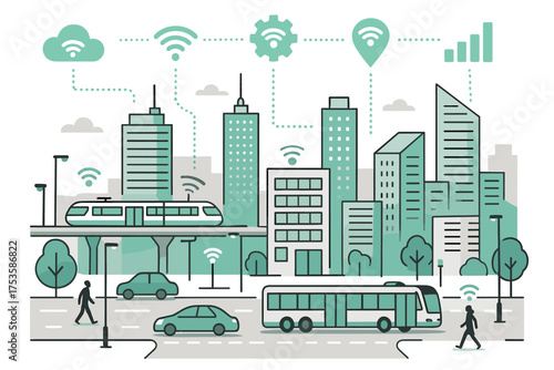Smart city with connected transport and buildings in linear style