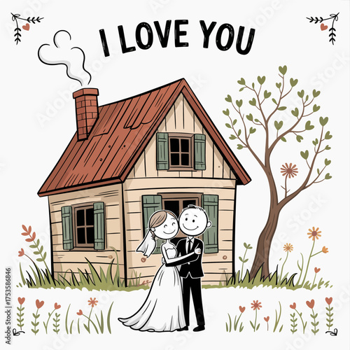 I LOVE YOU Wedding Bliss: A charming, hand-drawn illustration depicts a joyous bride and groom embracing in front of their cozy home, symbolizing everlasting love and domestic happiness.