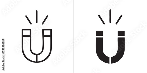 Vector art of two horseshoe magnet icons, one outlined and one solid black